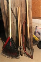 3 plastic rakes, hand saw  shovel,