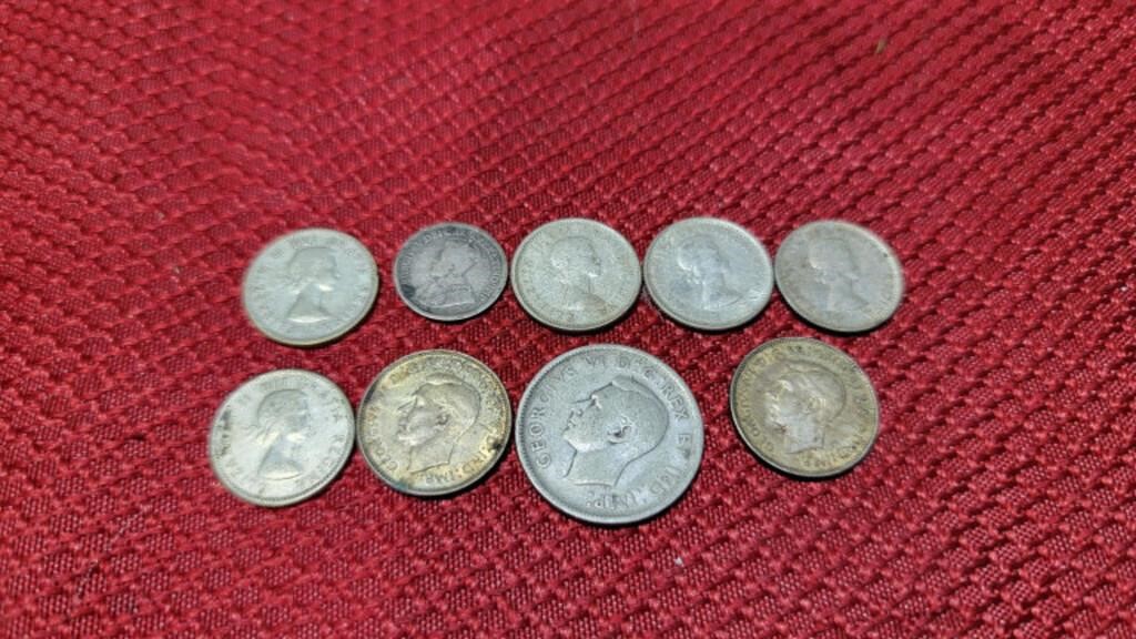 9 silver foreign coins