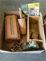 Box of wooden boxes and Beatles sign