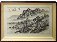 Framed Chinese Watercolor of a Landscape