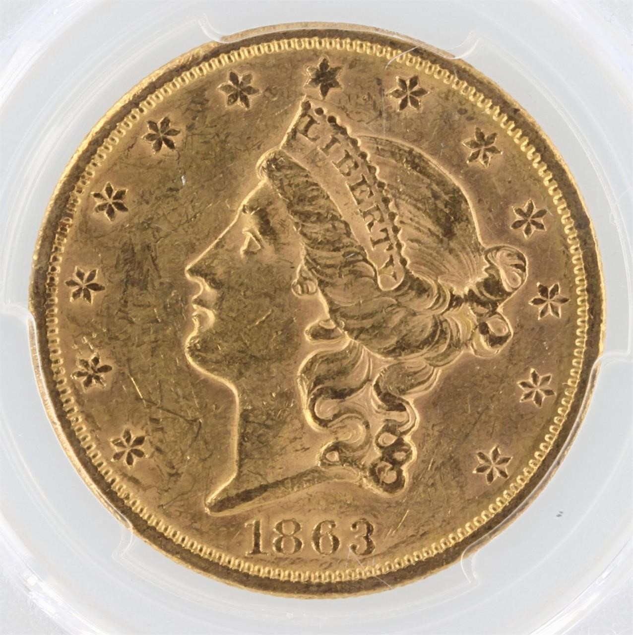 1863-S D. Eagle PCGS MS60 $20 Civil War Era L Head