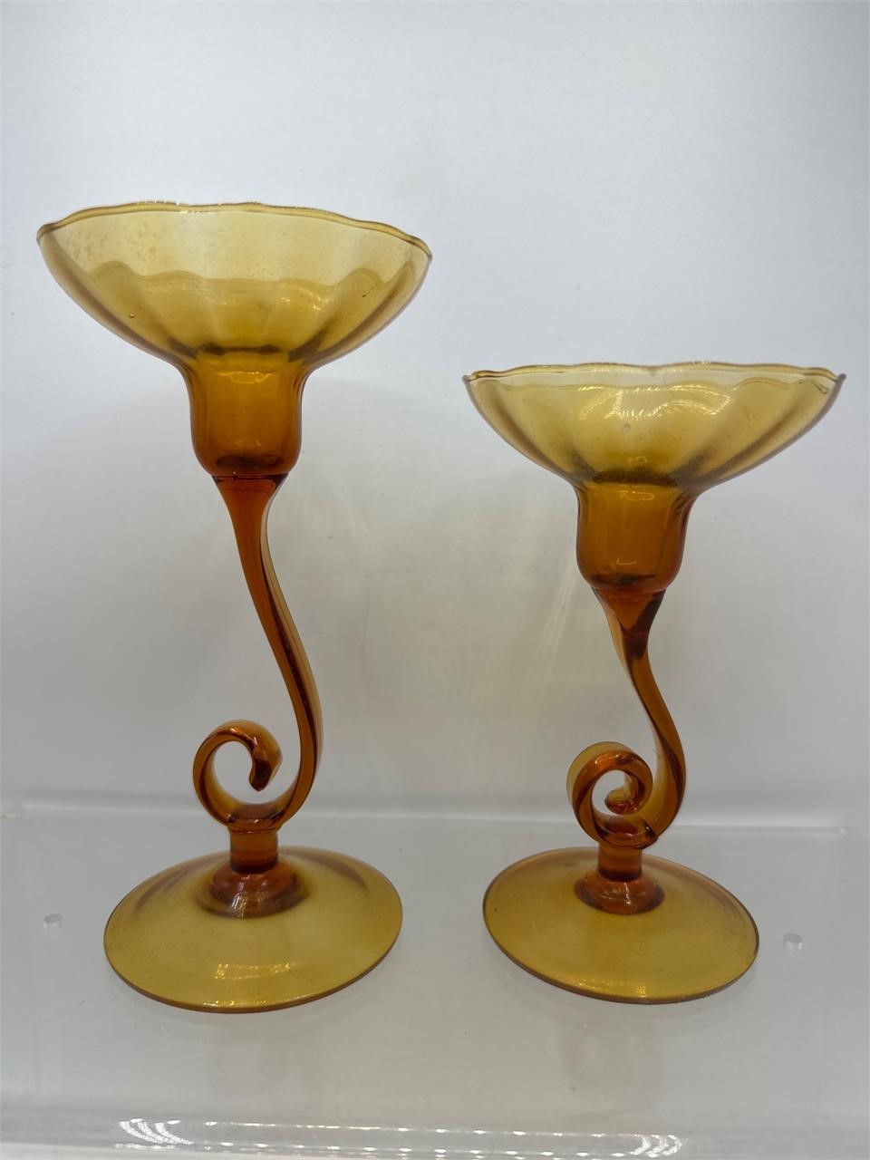 Vintage Amber glass candlestick holders