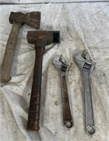 Hand ax, mallet, two wrenches