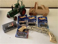 Toy Tractor, Hot Wheels, Mustang, Guns, Wood Truck