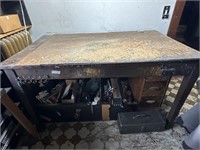 LARGE WOODEN TABLE & CONTENTS UNDERNEATH
