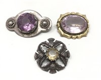 3 Victorian Brooches Sterling Amethyst GF Quartz