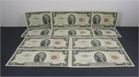 10 Nice Red Seal $2 U.S. Notes - (5) 1953 Series