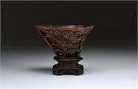 RHINOCEROS HORN CARVED 'PEONY' LIBATION CUP