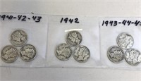 SILVER Mercury Dime LOT x 9 1941-45