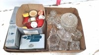 Box of Crystal Items and Tea Lite Candles