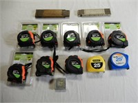 BOX OF NEW & USED TAPE MEASURES & STICK RULES