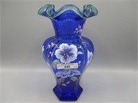 Fenton HP cobalt paneled vase w/ green crest