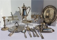 Silver Plate Coffee Pot, Trays & Condiment Dishes