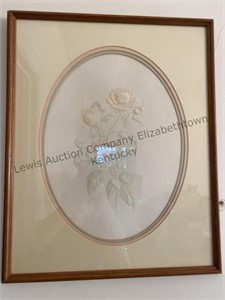 2 framed pictures, floral, embossed roses