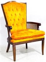 Vintage Tufted Arm Chair, caned inset arms