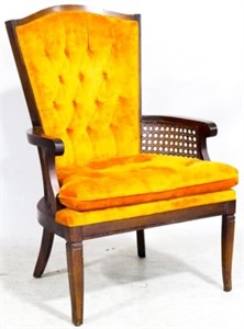 Vintage Tufted Arm Chair, caned inset arms