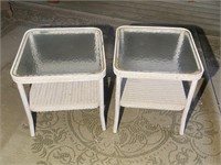 Pair of Glass Top Wicker Tables