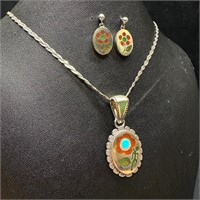 Sterling Silver Flower Inlay Pendant & Earring Set