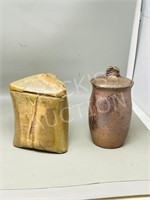 2- pottery jars w/lids  8" tall