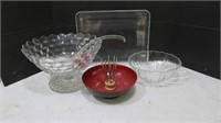 Clear Glass Tray, Punch Bowl w/ Ladle, Bowl &