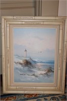 Signed painting of lighthouse and seagulls frame