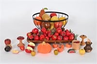Vintage Dough Bowl/Basket, Faux Fruit/Vegetables