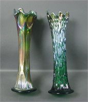 (2) Fenton Green Carnival Glass Vases