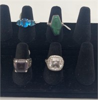 4 Rings - Size 6 - Marked 925, Blue Topaz, Green