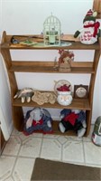 Wooden wall shelf with contents ~24x32