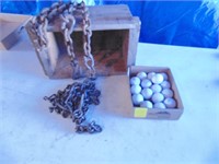 chains, wooden box, golf balls