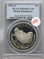 1991-S Mount Rushmore $1 PCGS Graded PR69DCAM.