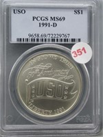 1991-D USO 50th Anniversary Silver $1 PCGS Graded