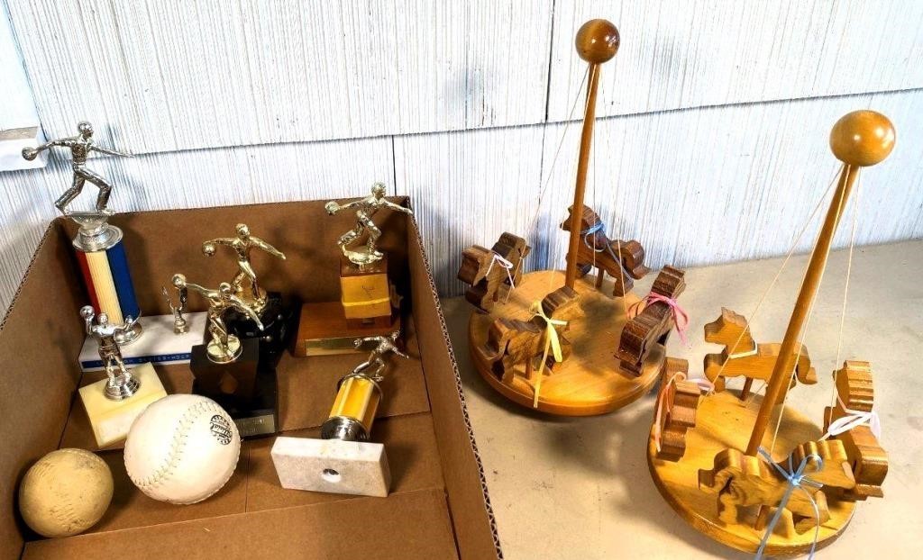 wooden carousel, vintage trophys