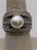 SIGNED EA STERLING SILVER,PEARL & DIAMONDS RING