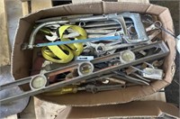 Box of Assort Shop Tools - Level,Hacksaw,Wrenches