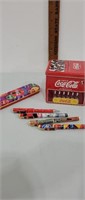 Coca Cola lot.  4 pens, pen case and Coca Cola