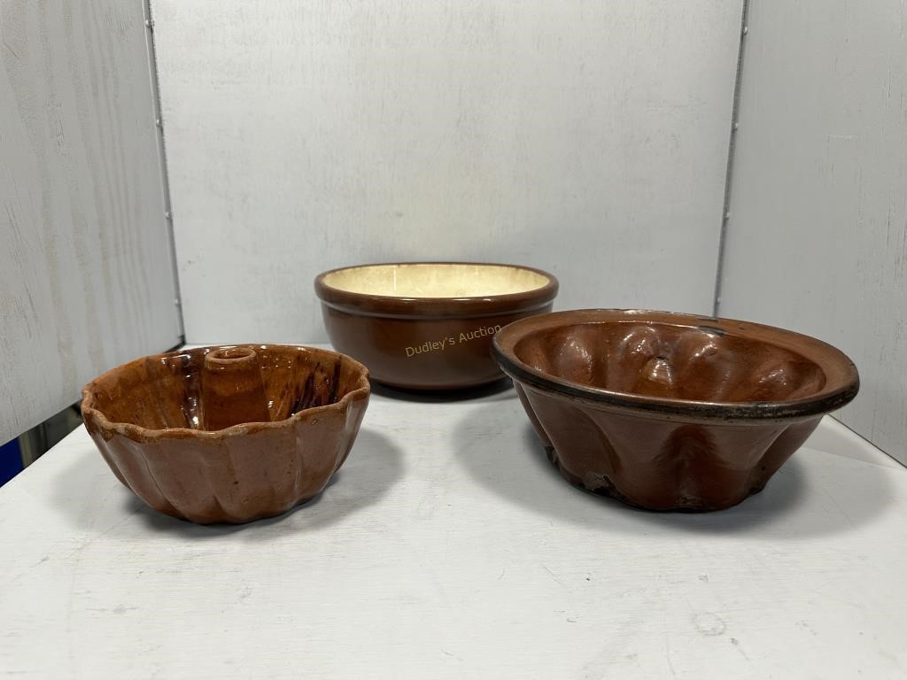 Two Brownware Pie Molds and USA Pottery Bowl