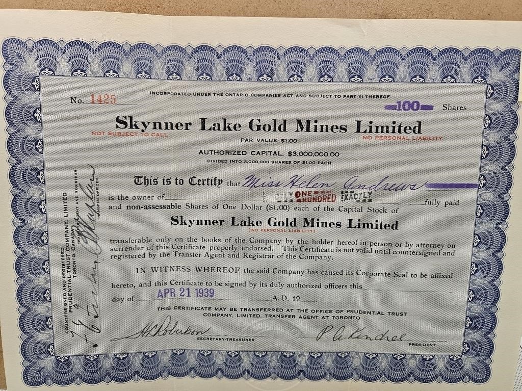 SKYNNER LAKE GOLD MINES LIMITED 100 SHARES