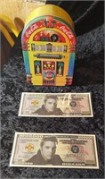 Coca cola jukebox tin + Elvis Presley money