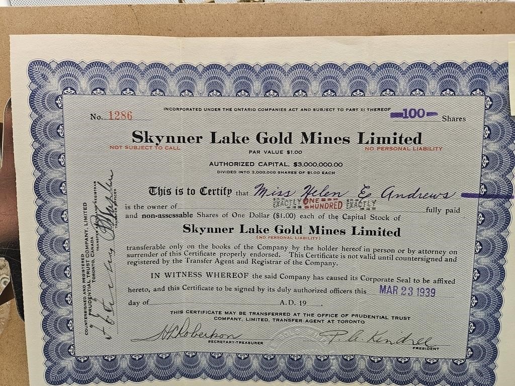 SKYNNER LAKE GOLD MINES LIMITED 100 SHARES