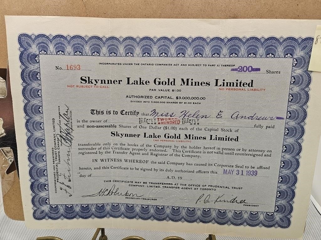 SKYNNER LAKE GOLD MINES LIMITED 200 SHARES CERT