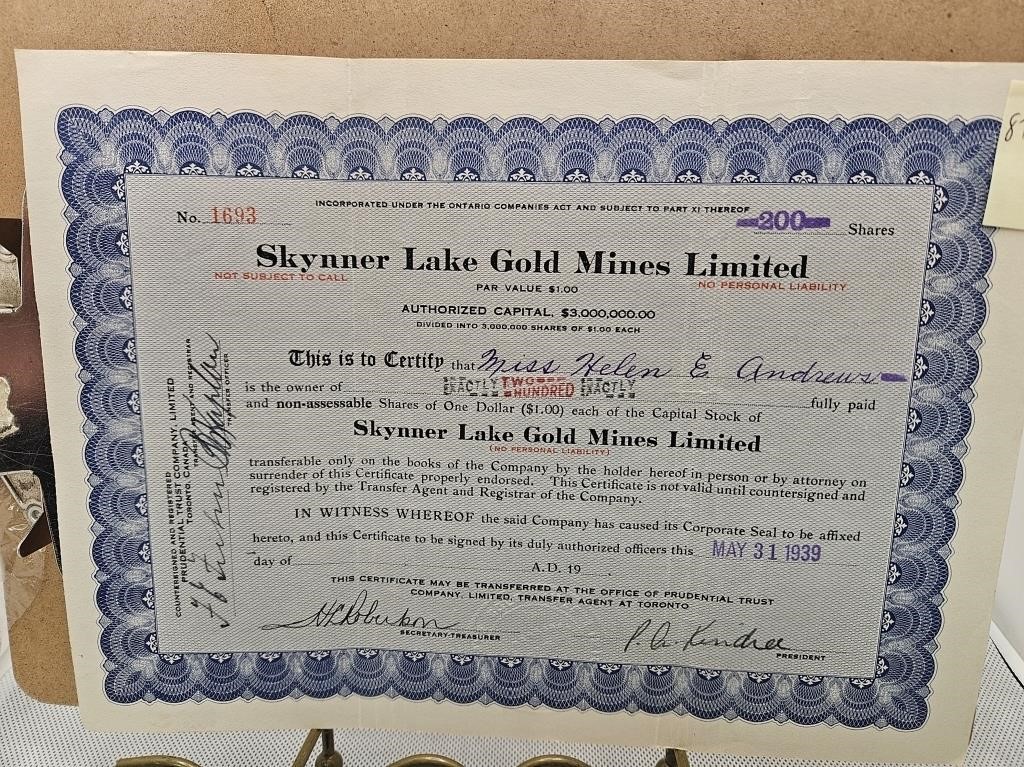 SKYNNER LAKE GOLD MINES LIMITED 200 SHARES CERT