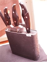 Five Shun knives and  holder: santoku, 6" chef,