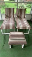 Two patio lounge chairs & ottoman