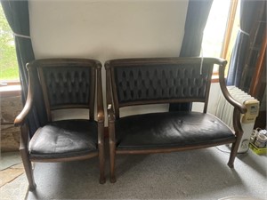 LEATHER AND WOOD CHAIR AND BENCH