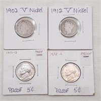 1902, 1912 V Nickels, 1971S, 1972S Proofs 5 Cents