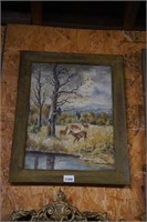 G.W.J. Kopia Oil on Canvas Wilderness Scene Deer