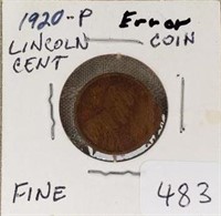 1920P Lincoln Cent Error Coin  Fine