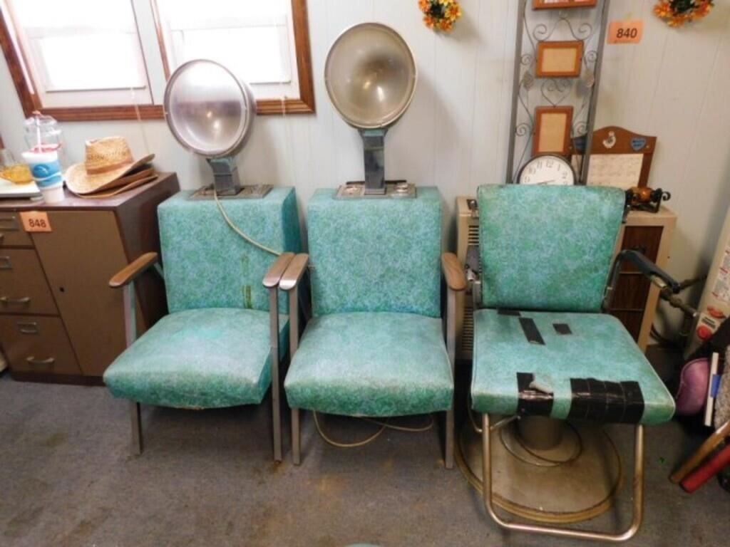 2 Helene Curtis salon chairs w/ hair dryers, 20"