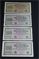 4 pcs 1922 German 1000 Marks Banknotes